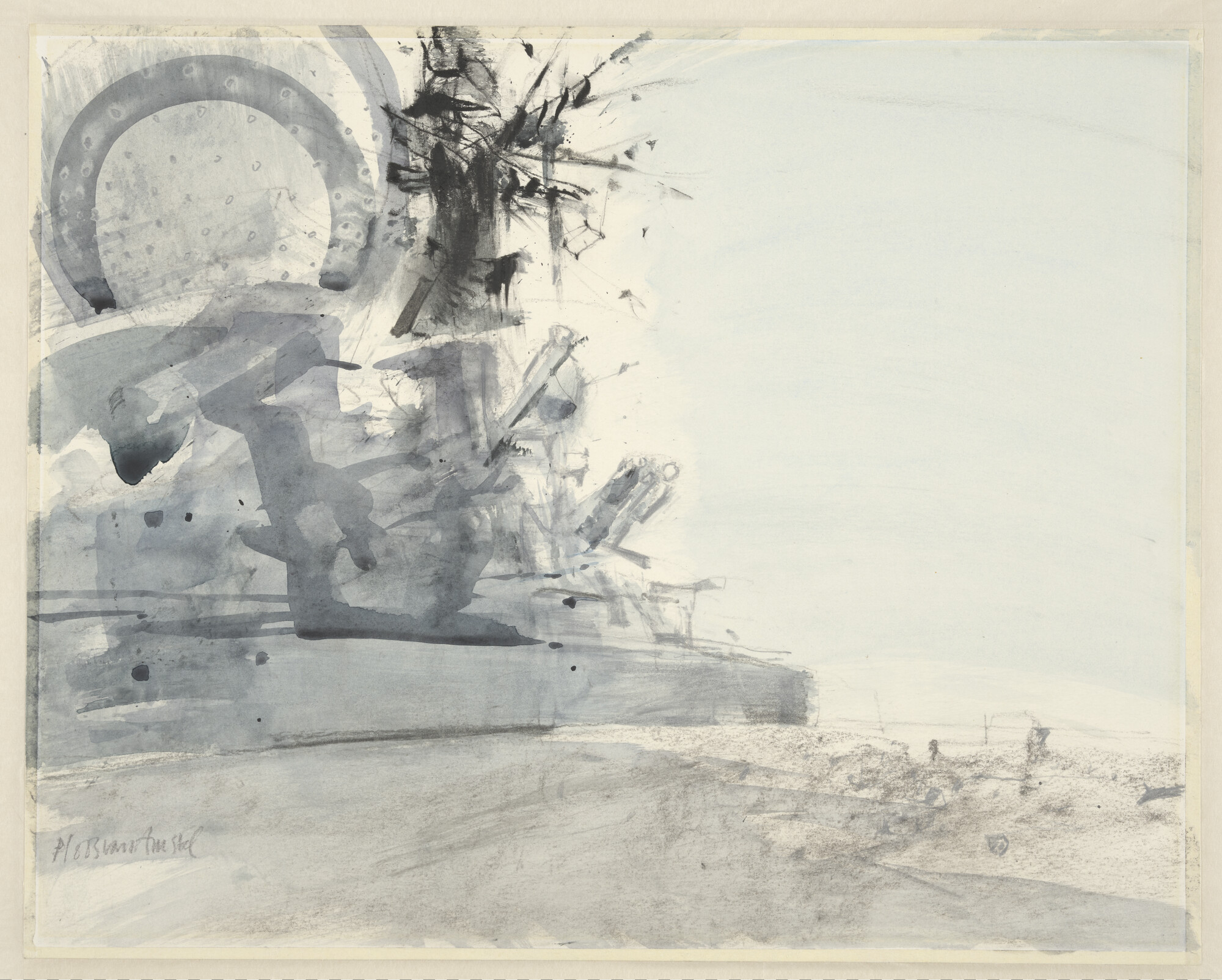 A.5794; Een afgemeerd fregat; tekening