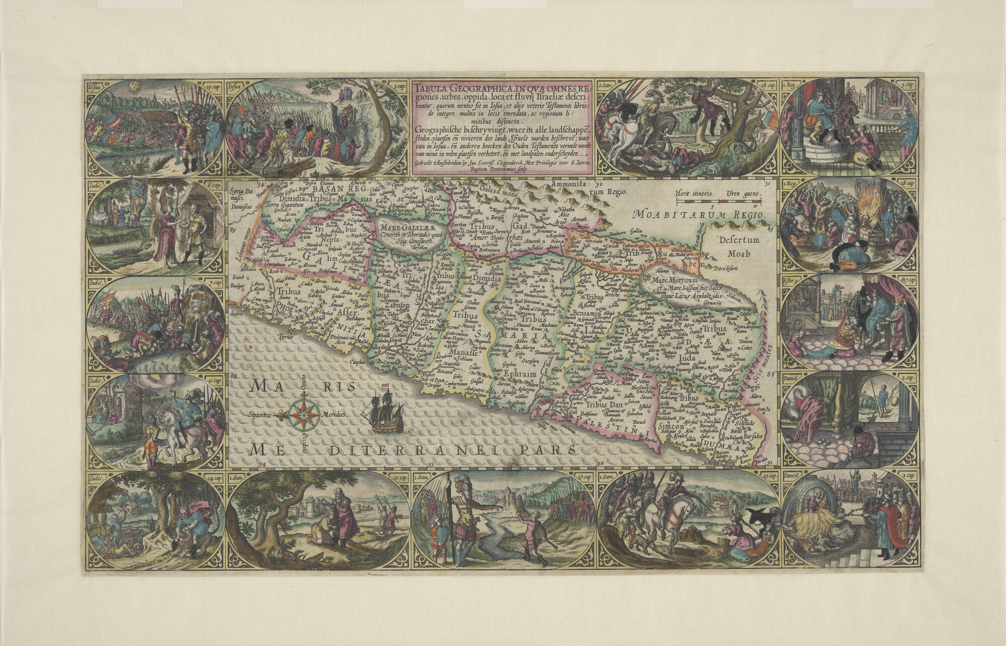 S.2960e; Met de hand gekleurde kaart van de verdeling van Israel door Petrus Plancius (1552-1622); landkaart