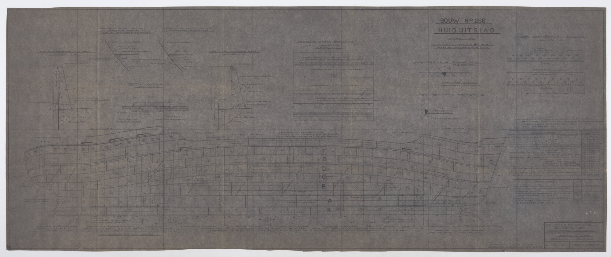 1995.7580; Huiduitslagtekening (1:50) van de kustvaarttanker ms. Corrie Broere van de Gebroeders Broere [...]; technische tekening