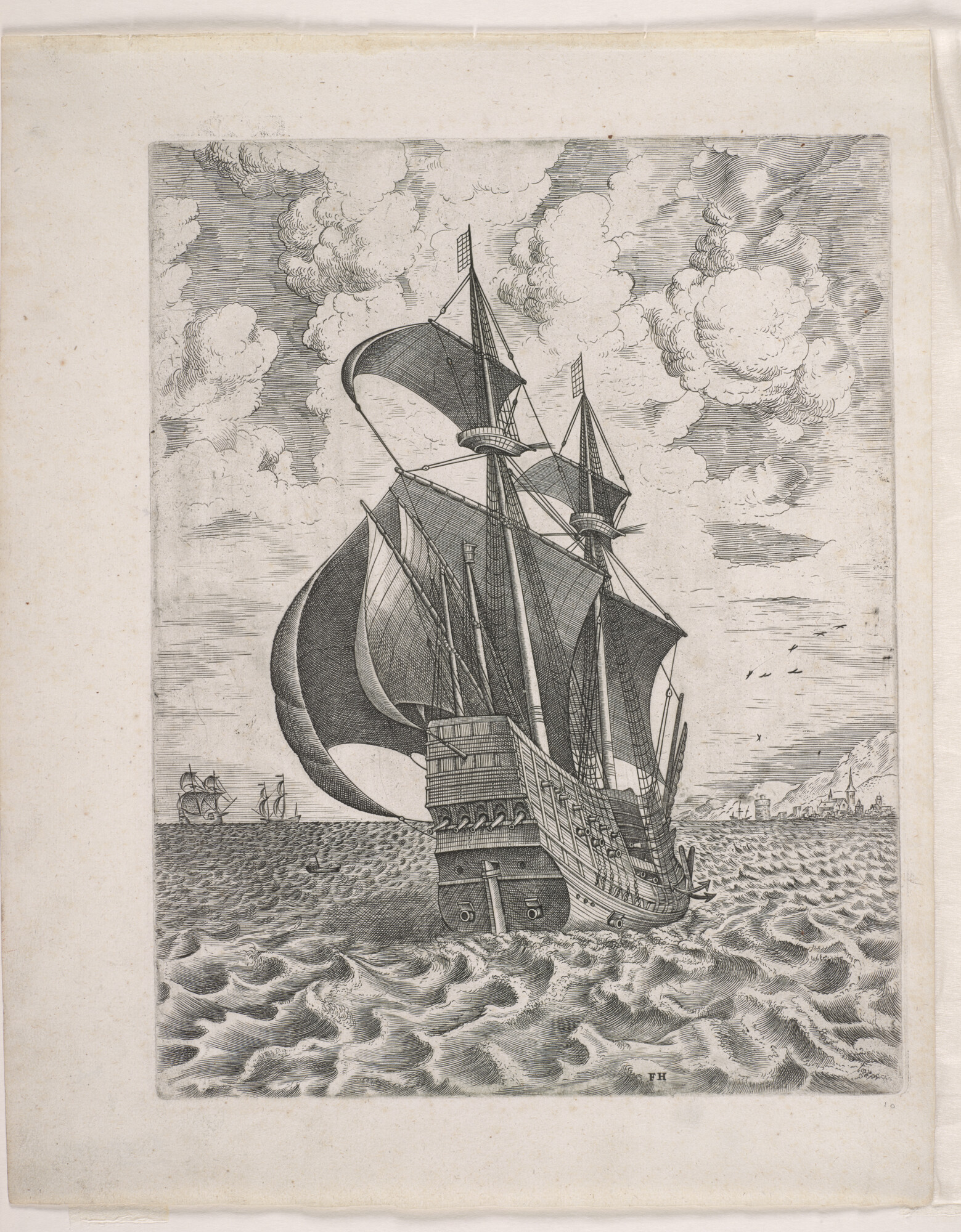 A.0149(0189); Oorlogsschip half op stuurboordzijde te zien; prent