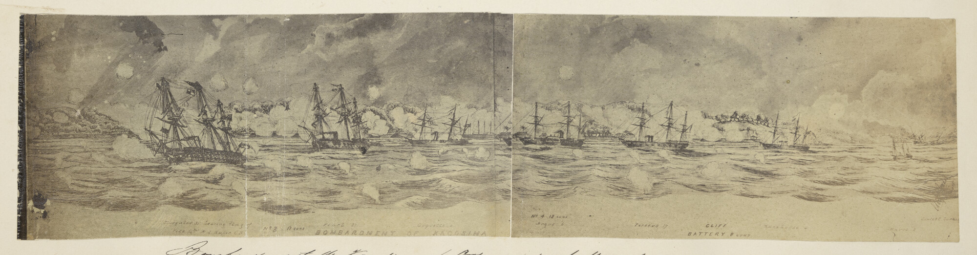 S.3628(04)016; Samengestelde foto van een tekening van het bombardement op Kagoshima in de provincie Satsuma door de Britse vloot; foto