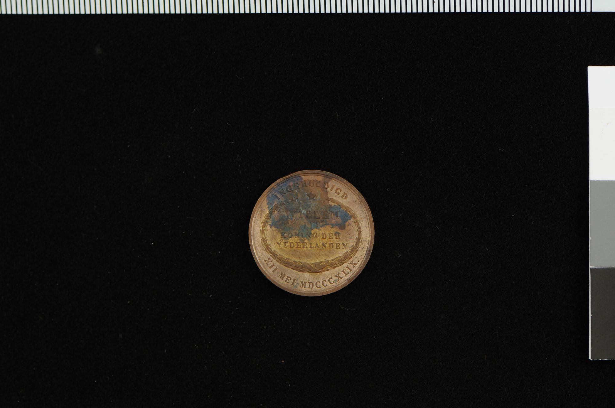 1993.3267; Penning op de inhuldiging van Willem III tot koning der Nederlanden te Amsterdam, 1849; rekenpenning