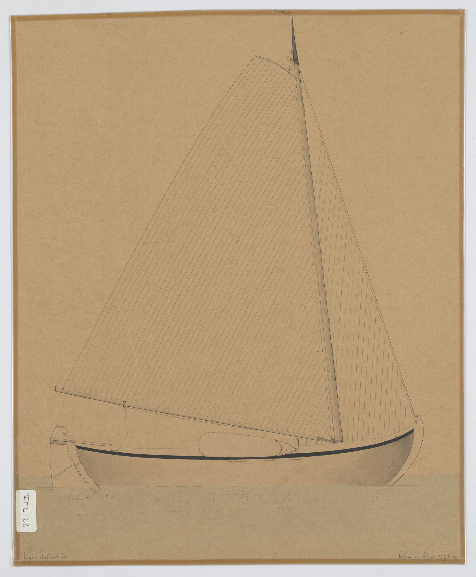 S.1300(02)3; Zijaanzicht van een kubboot, 1889; technische tekening