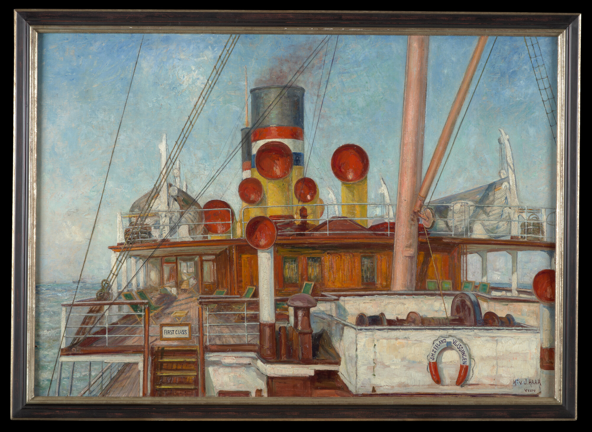 S.4642(01); Het promenadedek 1e klasse op een van de schepen van de Stoomvaart Maatschappij Zeeland; schilderij