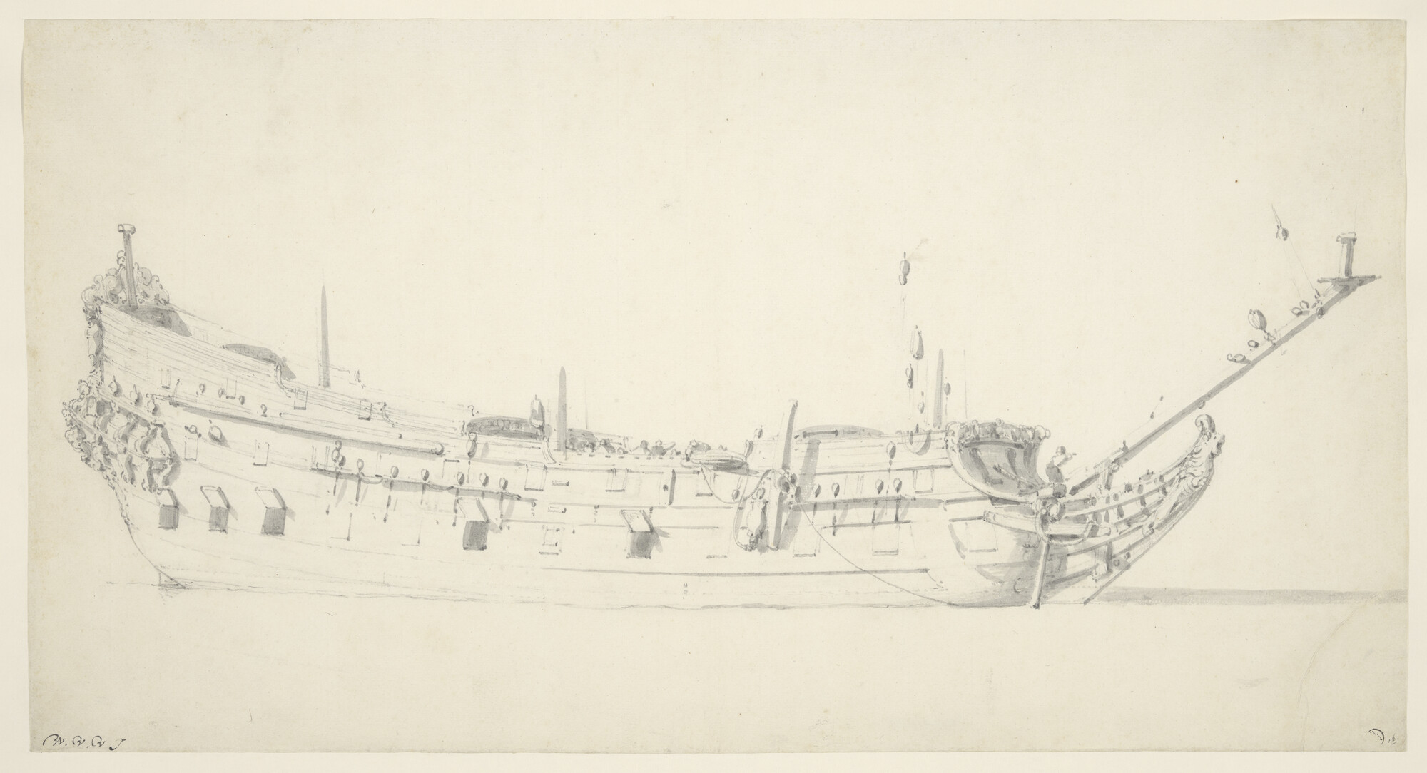 A.0149(0155); Een Nederlands oorlogsschip van ongeveer 52 stukken; tekening