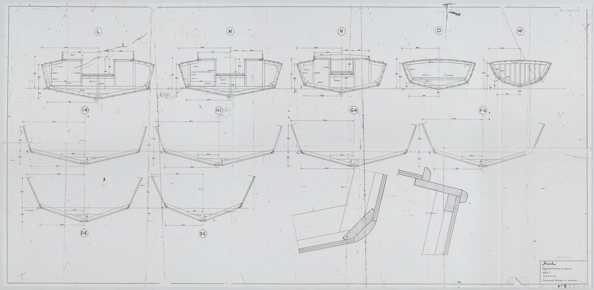 1994.7401; Spantentekening van het zeiljacht 'Havik'; technische tekening