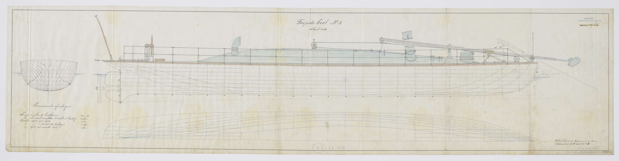 S.2175(3104); Lijnentekening en spantenraam met overzicht van de voornaamste gegevens van Zr.Ms. Spartorpeboot III; technische tekening