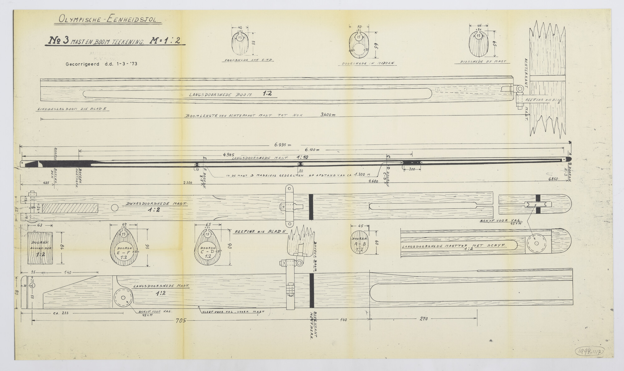 1994.1117; Constructietekening mast en giek van de Olympiajol; technische tekening