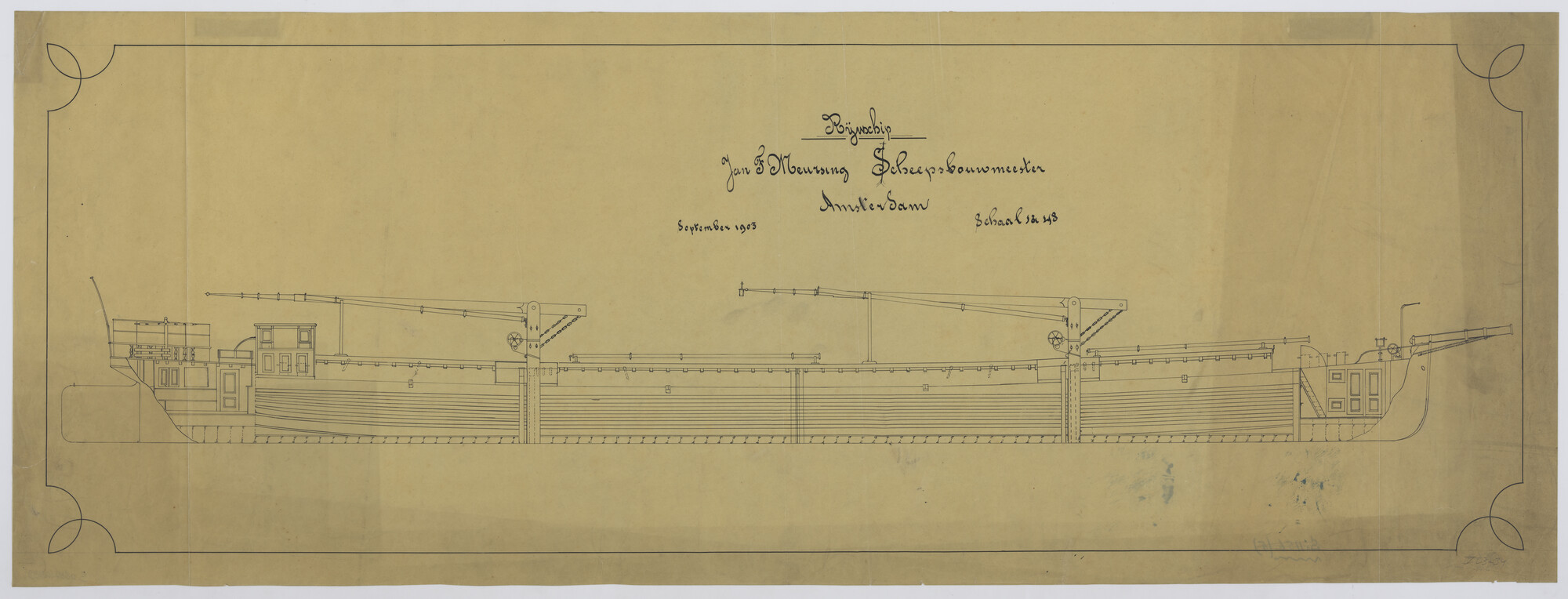 S.0687(02)189; Zijaanzicht en bovenaanzicht van een Rijnschip (sleepschip) 1903; technische tekening