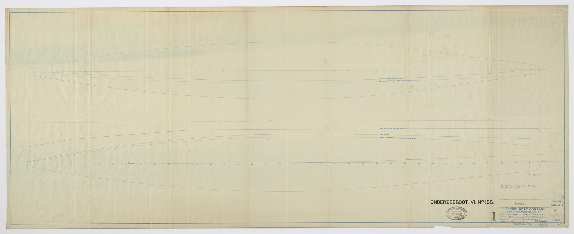 S.2175(3759); Lijnenplan aan boord van de onderzeeboot Hr.Ms. 'O 6'; technische tekening