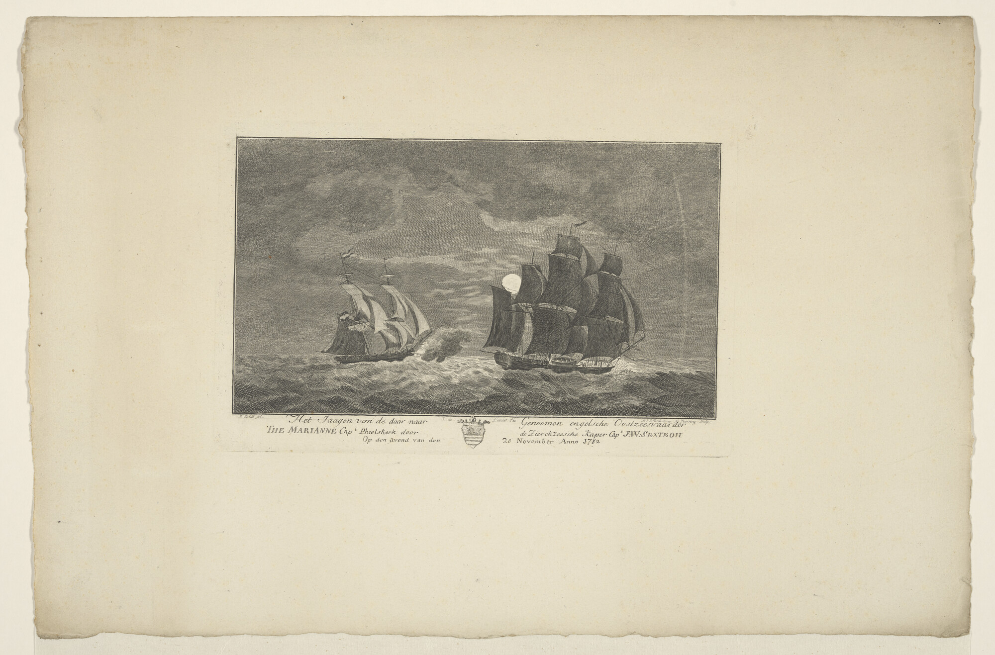 A.1802(05)e; Het jagen van de later door Le Turc genomen Engelse Oostzeevaarder 'Marianne' door de Zierikzeesche kaperkapitein J.W. Sexteoh; prent