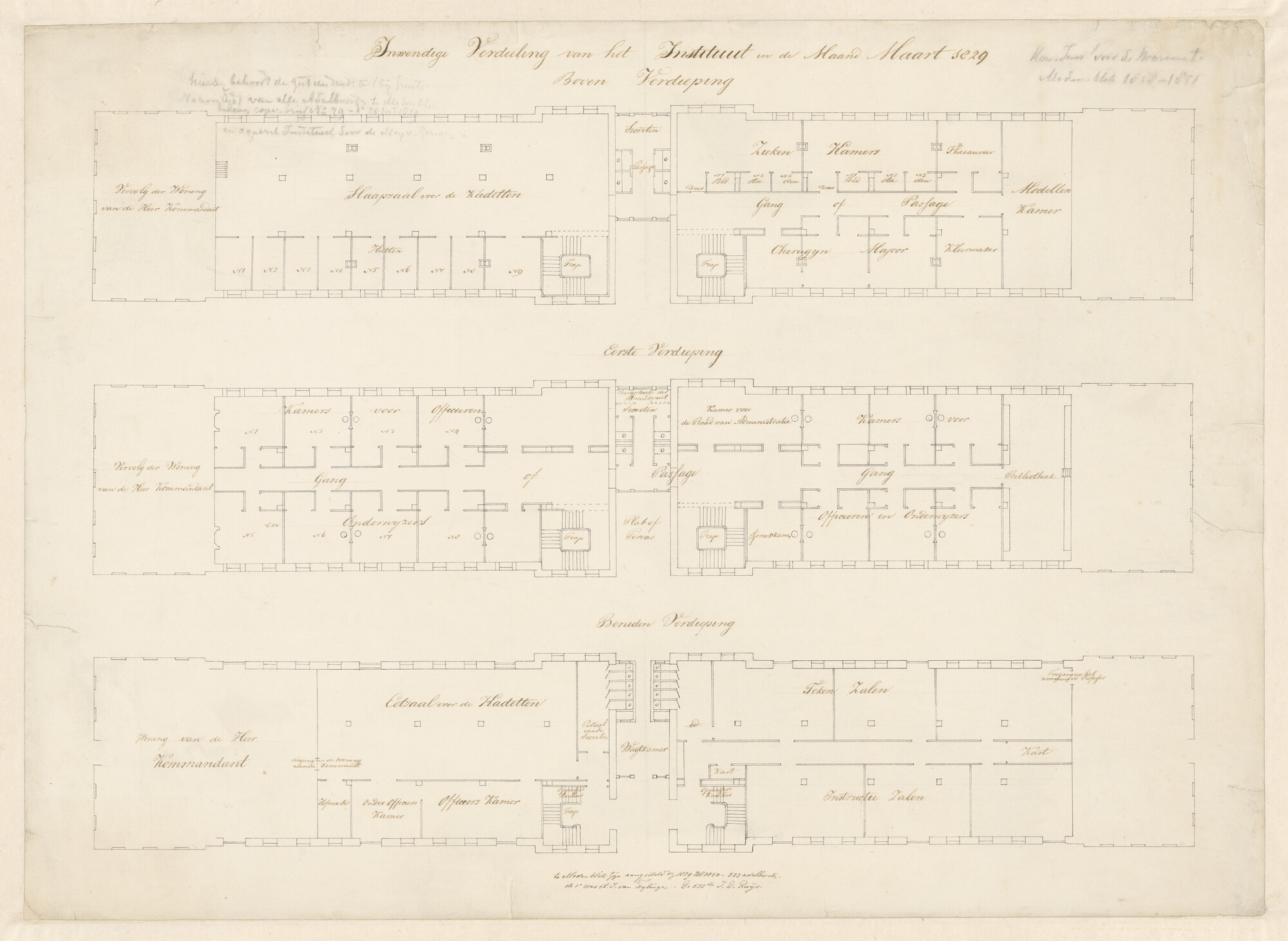 S.1277(08)2; Plattegronden van de drie verdiepingen van het Koninklijk Instituut voor de Marine; tekening