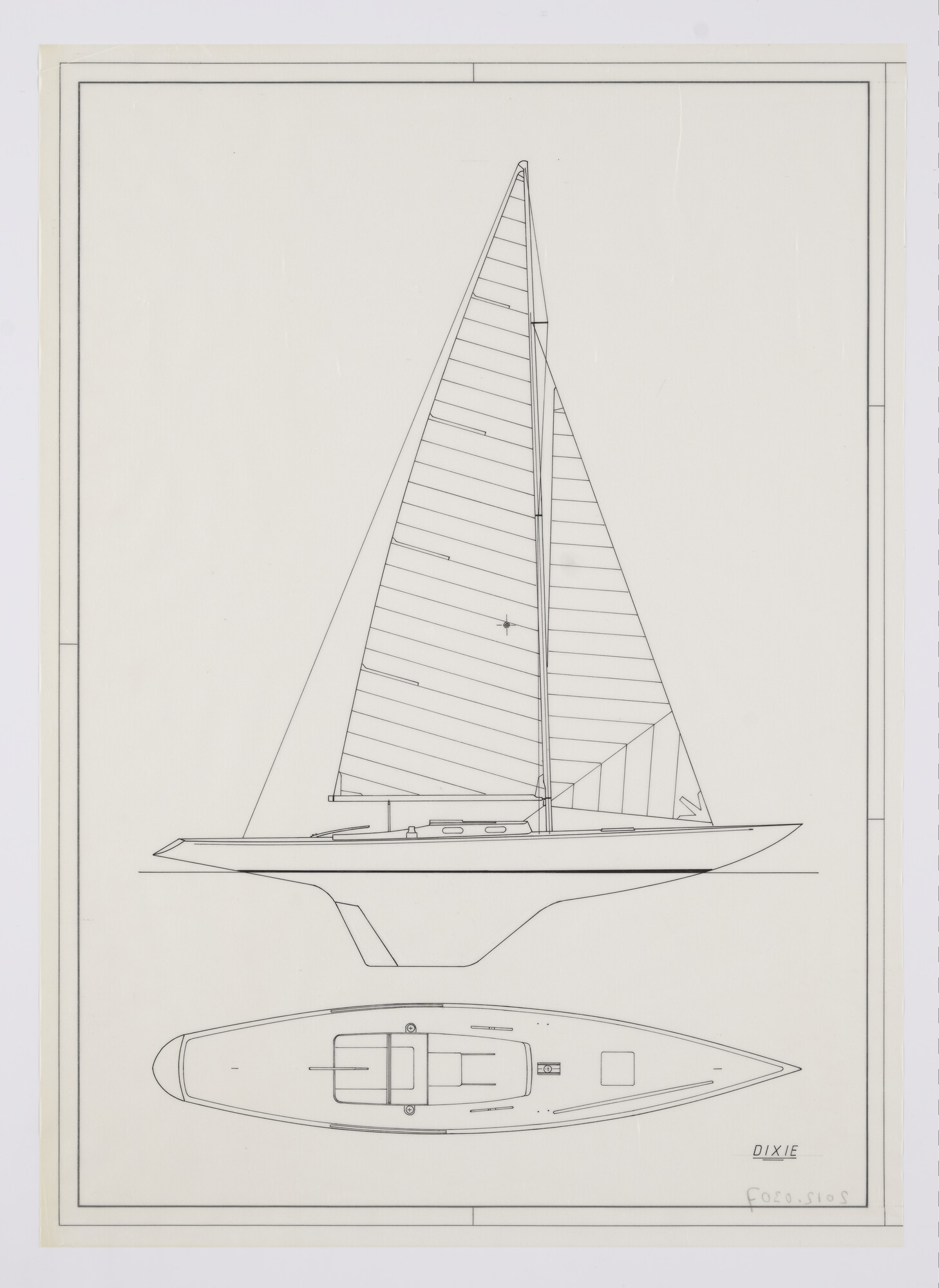 2012.0307; Zeilplan van de 5.5 meterklasse 'Dixie' van 13.20 m; technische tekening