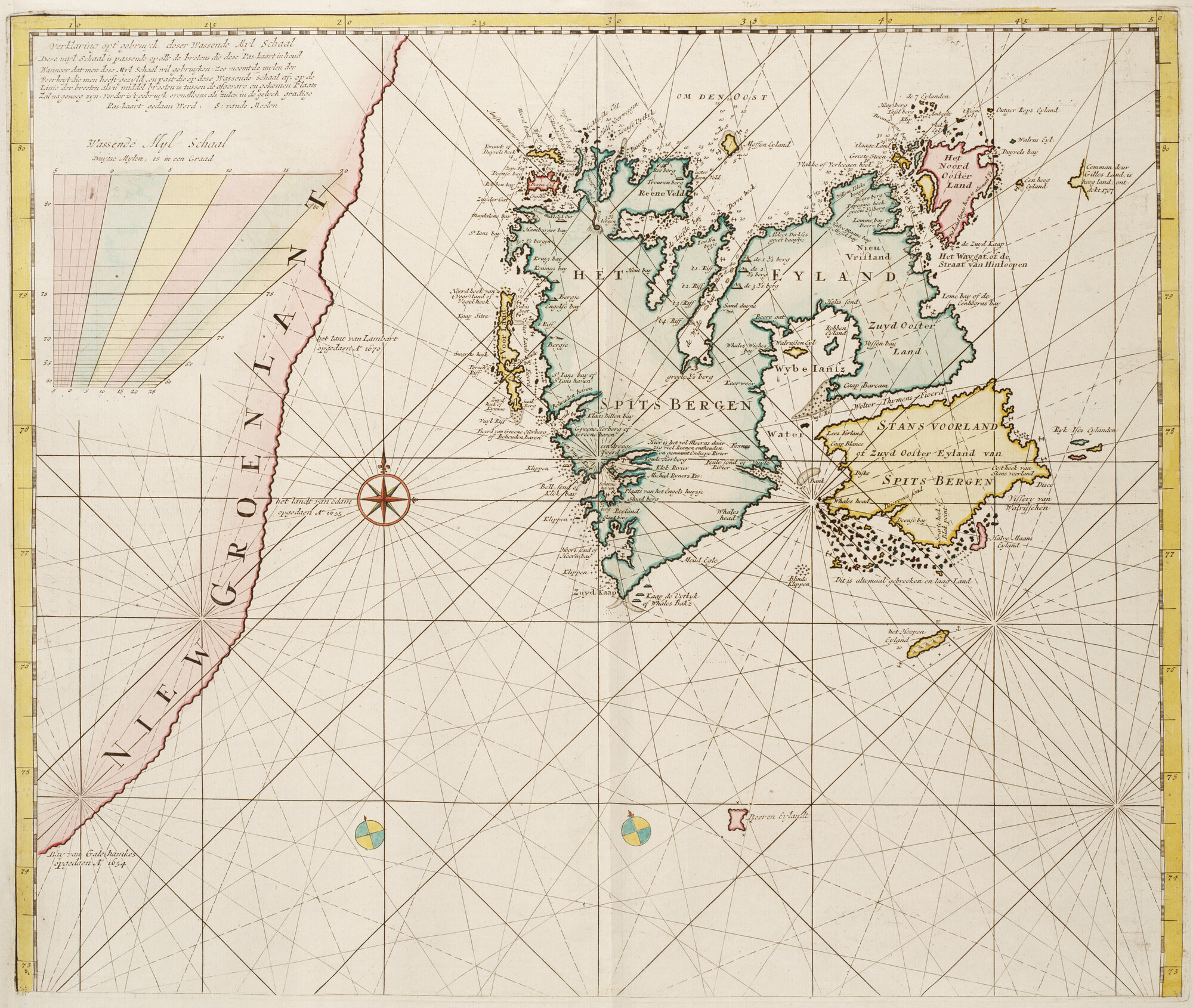 B.0032(109)1 [kaart 044]; Noordelijk blad van de 'Nieuwe Pas kaart van GROEN-LAND jn groot bestek'  met; kaart