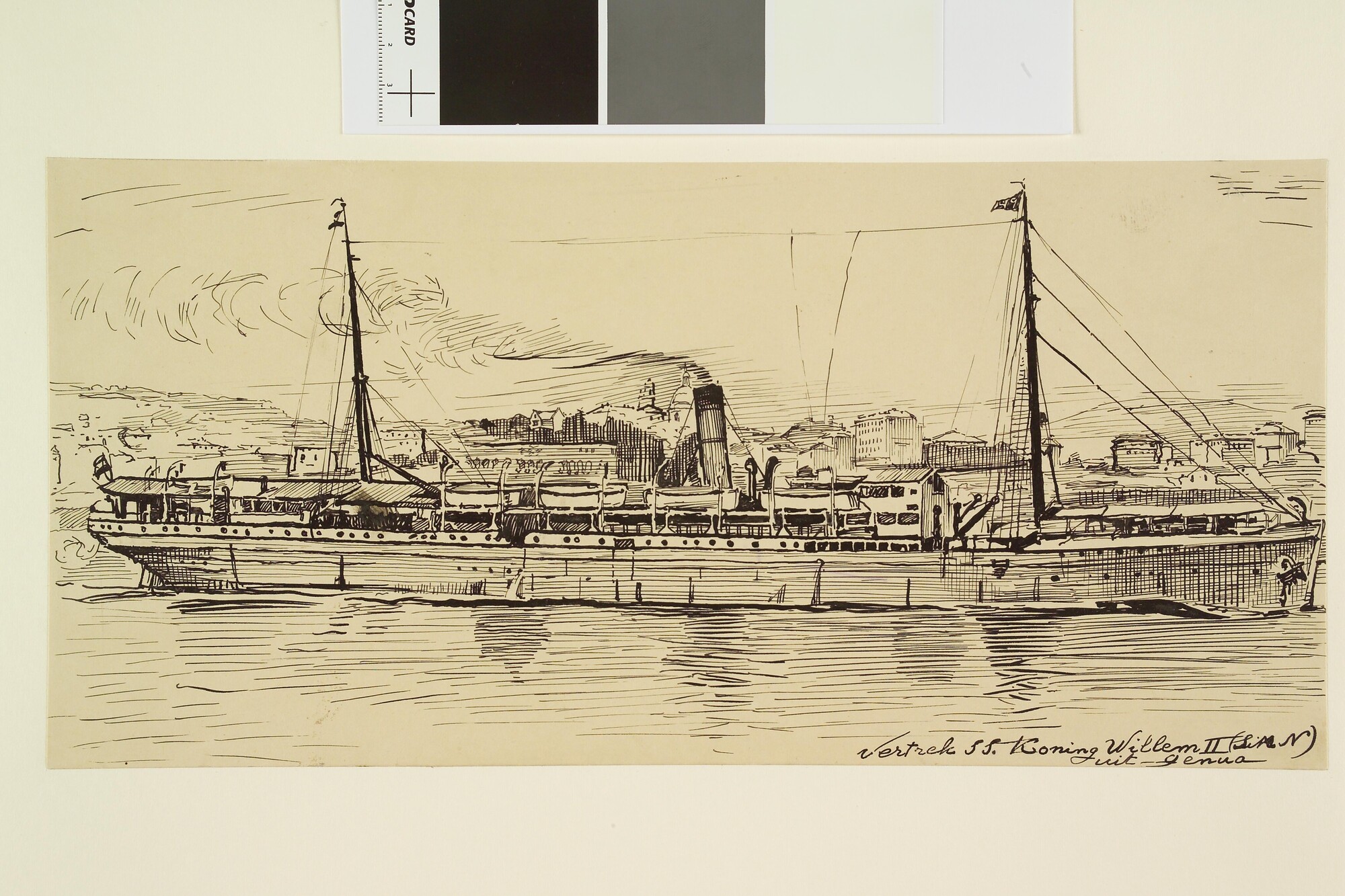 S.5748(17); Vertrek van het passagiersschip ss. 'Koning Willem II' uit de haven van Genua; tekening