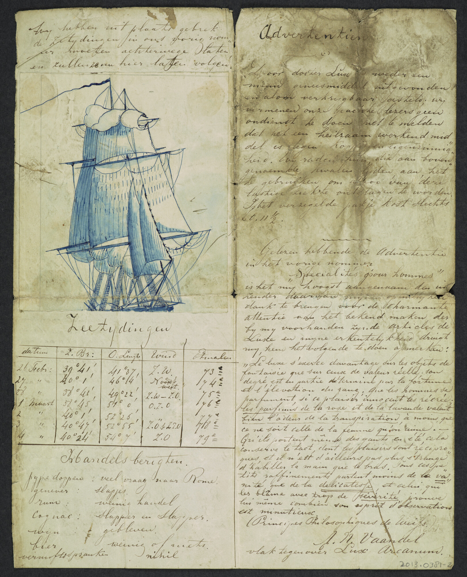 2013.0381; Boordkrant "De Dolphijn" van het fregatschip Admiraal Jan Evertsen, 5 maart 1857; krant