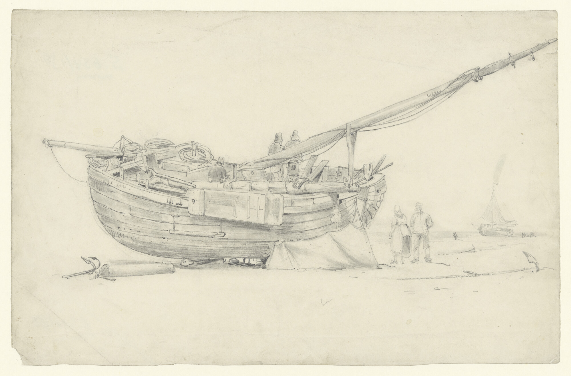 S.0634(01)e; Een visserspink of bom op het strand; tekening