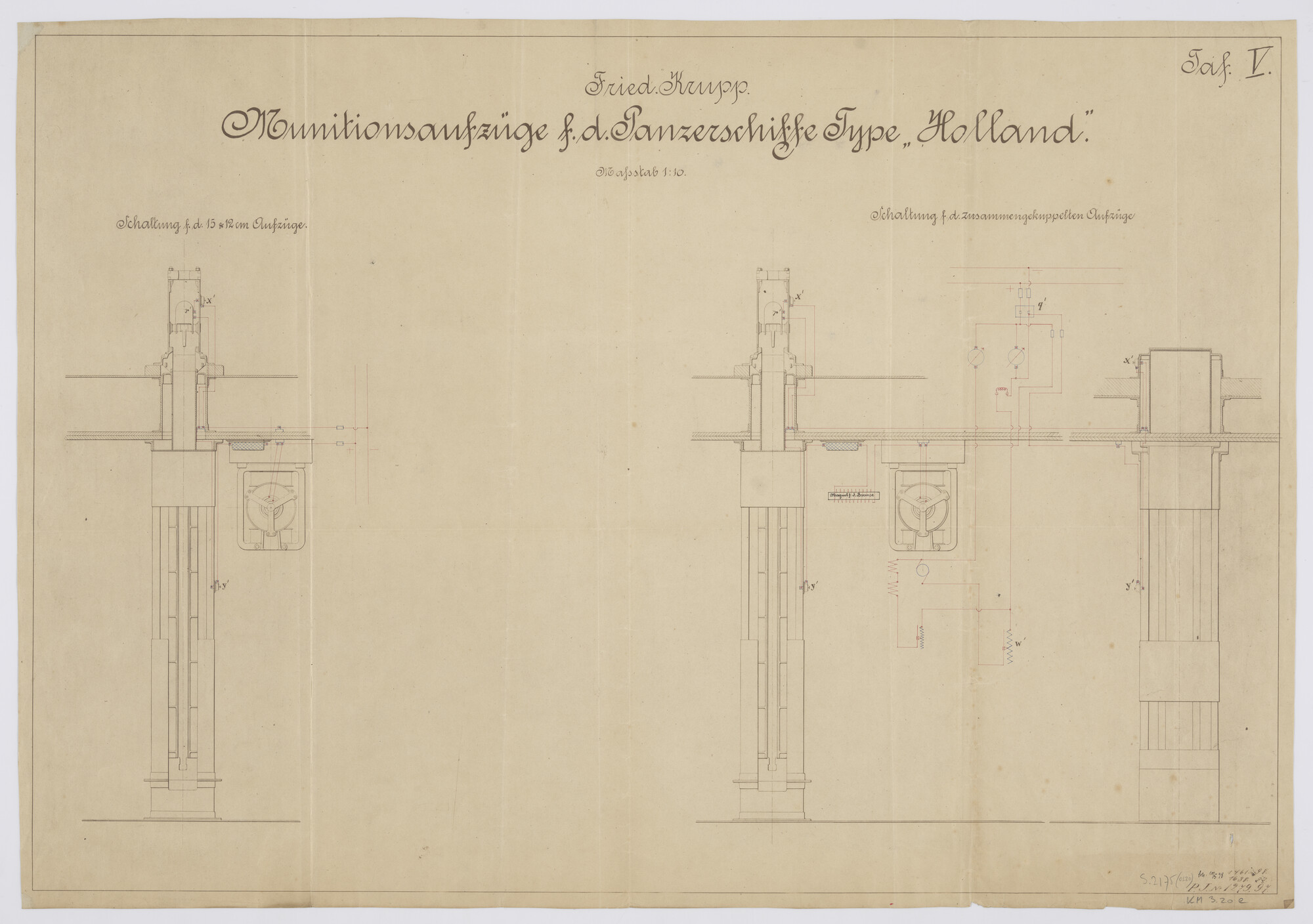 S.2175(0220); Elektrische schakeling voor de munitielift van 12cm en 15cm patronen van de [.]; technische tekening