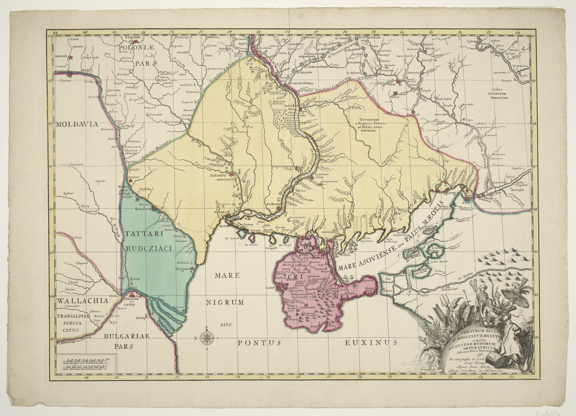 S.0183(18)2; Met de hand gekleurde kaart van het gebied rond de Krim, waarop de oorlog tussen Rusland en Turkije in 1737 - 1738 is afgebeeld; landkaart