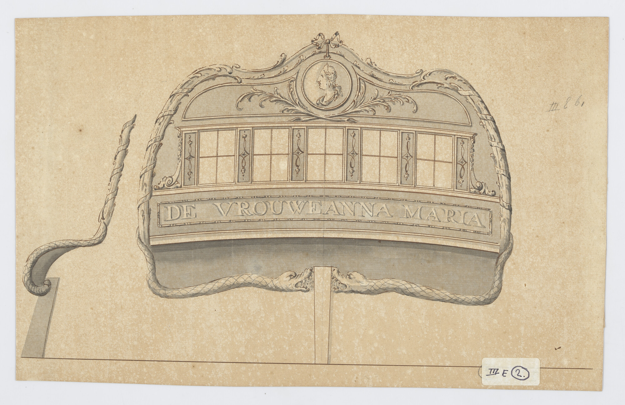 S.0600(01)105; Spiegelversiering van  'De Vrouwe Anna Maria'; technische tekening