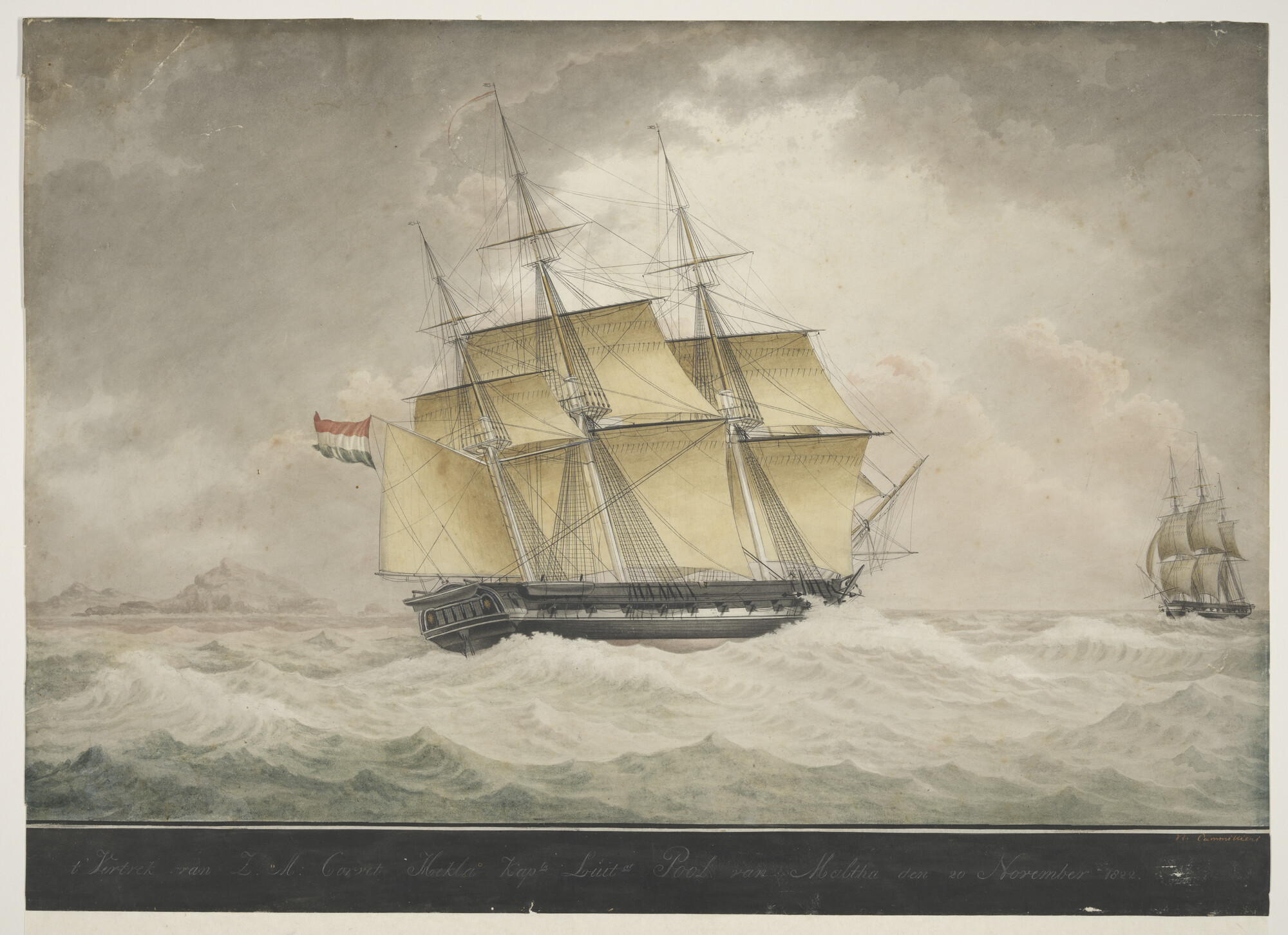 A.1733(02); Het vertrek van het korvet Zr.Ms. Hekla van de rede van Malta; tekening