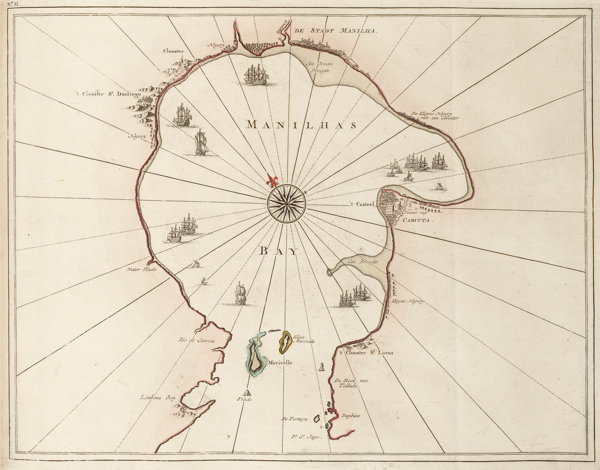 B.0032(109)6 [kaart 150]; Kaart van de baai van Manilla in Filippijnen uit Valentijn's Oud en Nieuw; prent