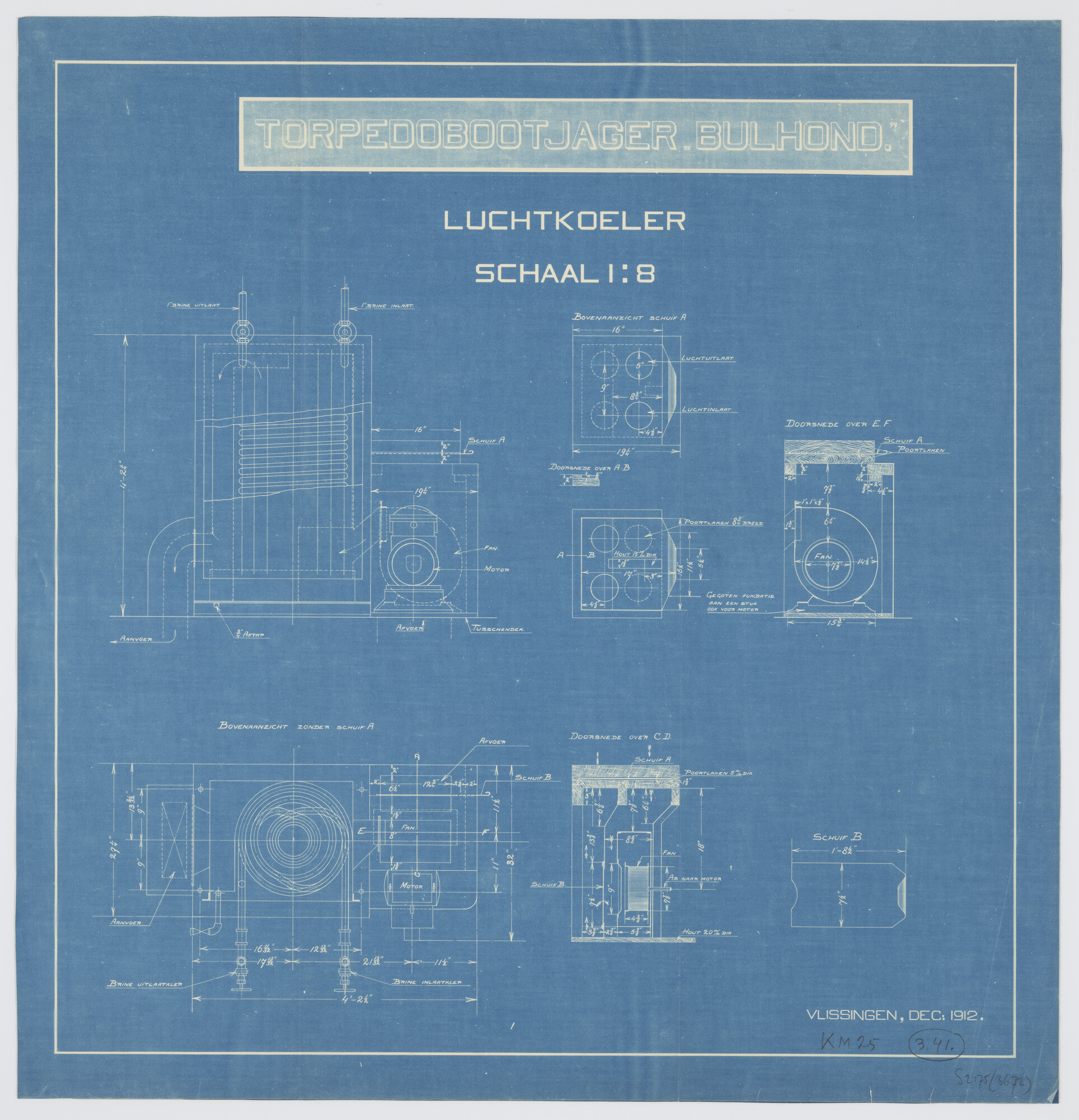 S.2175(3672); Doorsneden van de luchtkoeler aan boord van de torpedobootjager Hr.Ms. 'Bulhond'; technische tekening