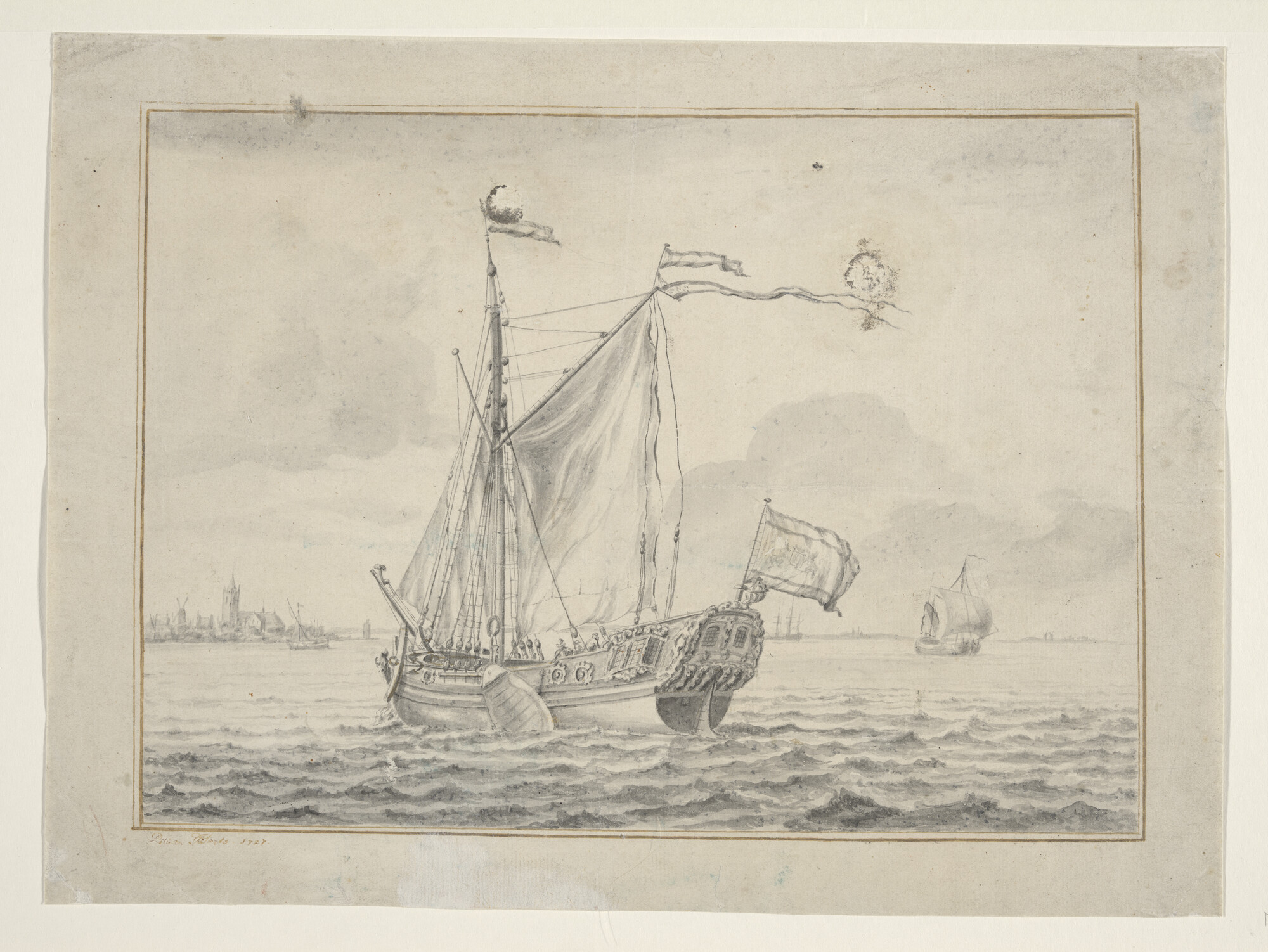 A.1124; Zeilend statenjacht op een rede; tekening