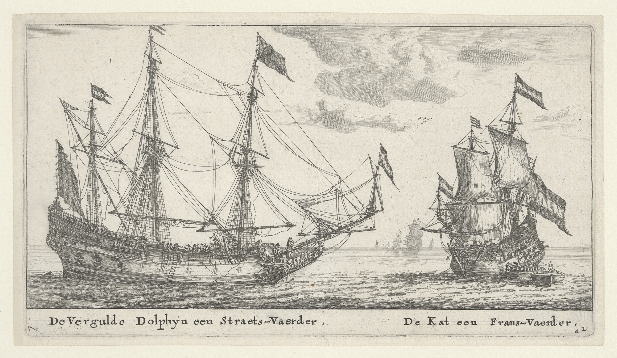 A.0149(0267); Het pinasschip de Vergulde Dolphijn en het fluitschip de Kat; prent