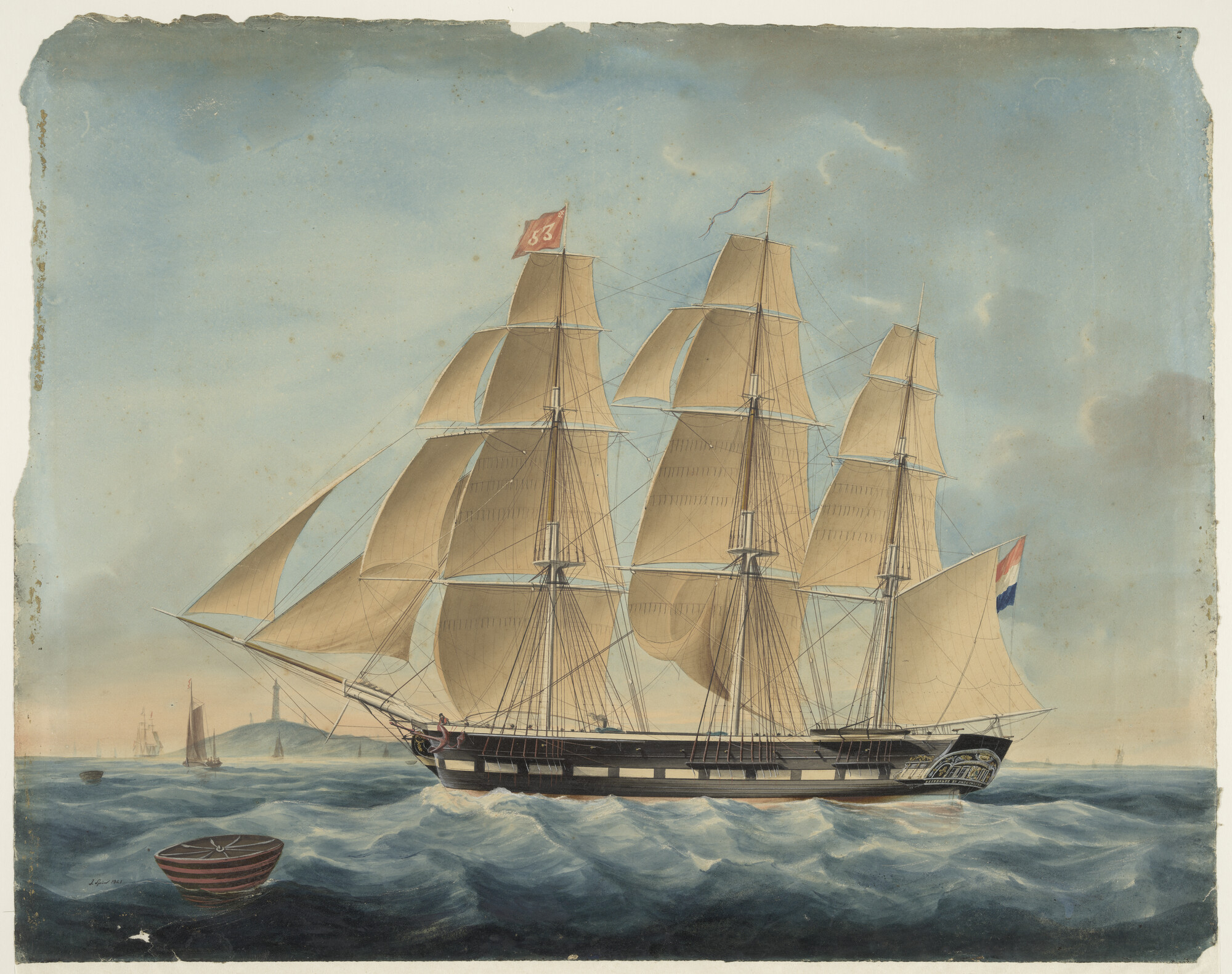 A.0813(04); Het fregatschip Elisabeth en Antoinette; tekening