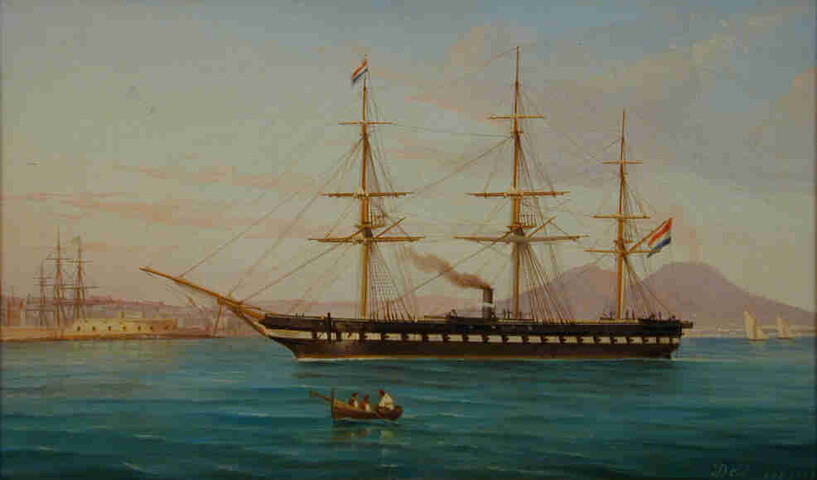 A.0916; Het fregat met stoomvermogen Zr.Ms. Adolf, Hertog van Nassau op een rede in de Middellandse Zee; schilderij