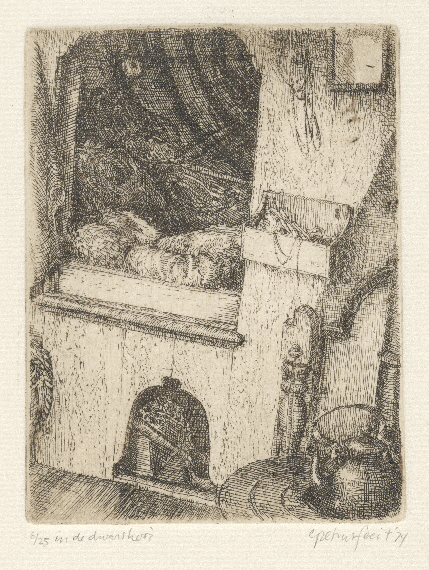 A.4784(04); 'In de dwarskooi': interieur van een binnenschip; prent