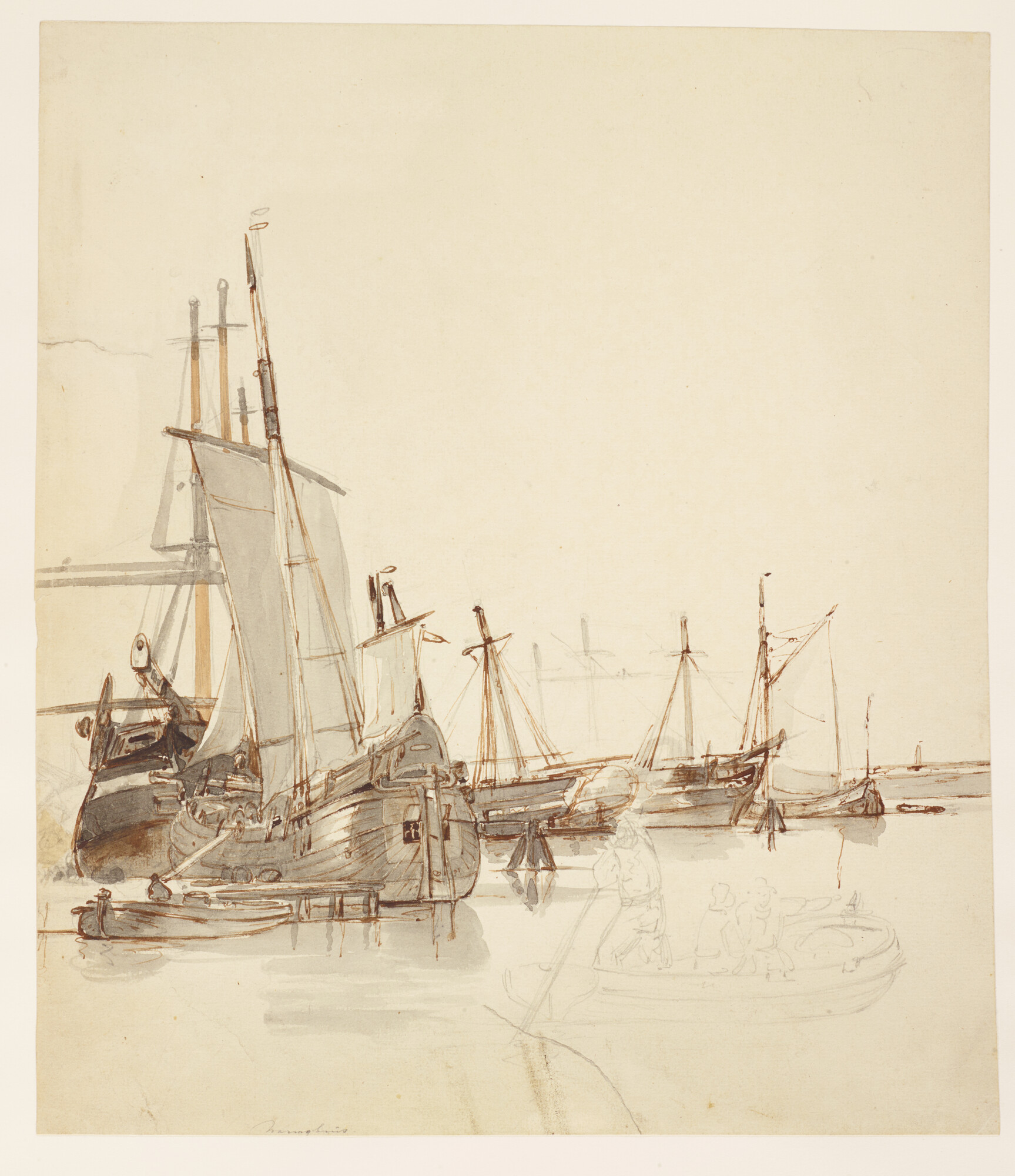 A.0151(121); Een haringbuis en andere schepen afgemeerd in een getijhaven; tekening