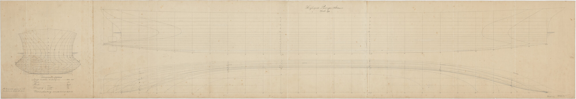 S.2175(3174); Lijnentekening en spantenraam van een High speed Passenger Steamer met ongeveer dezelfde verhoudingen als van de spartorpedoboten, later vistorpedoboten Zr.Ms. Etna en Hekla; technische tekening