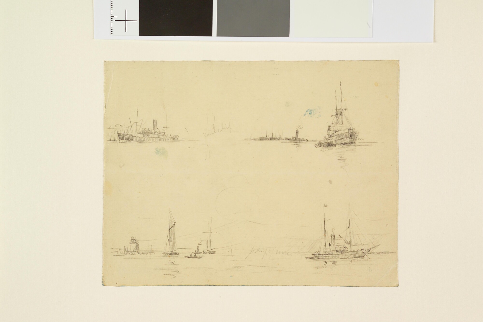 S.4824(03); Studies van motorschepen en een zeilschip; tekening