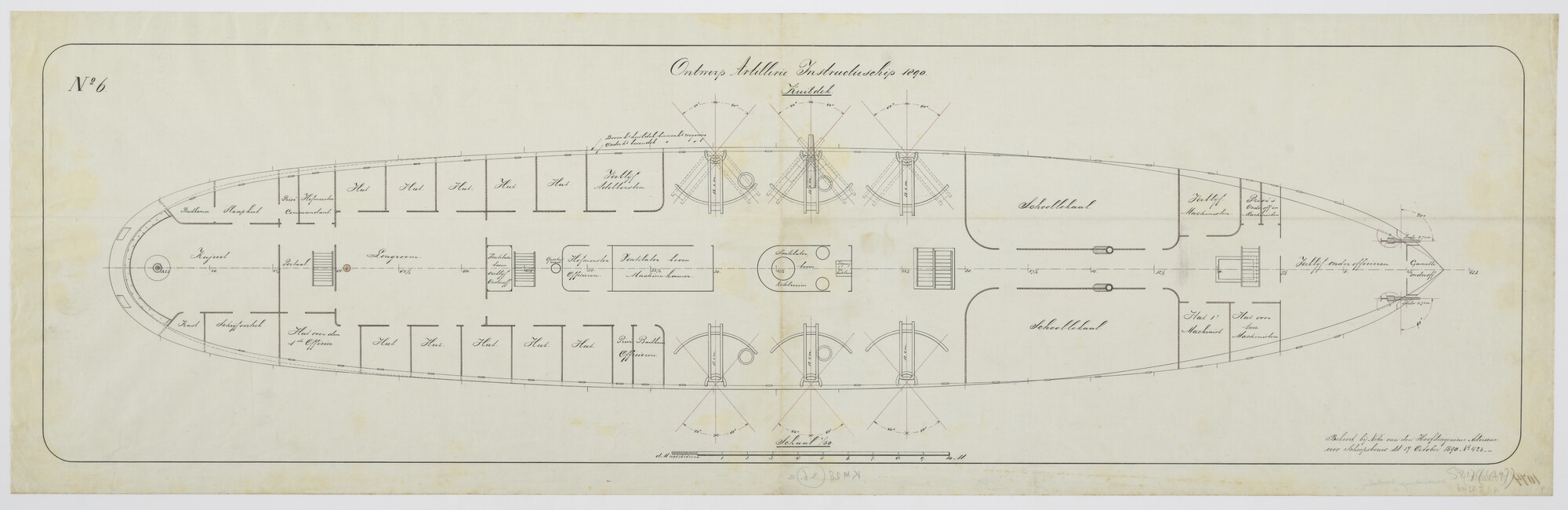 S.2175(4297); Kuildek van het ontwerp artillerie instructieschip 1890 Hr.Ms. 'Bellona'; technische tekening