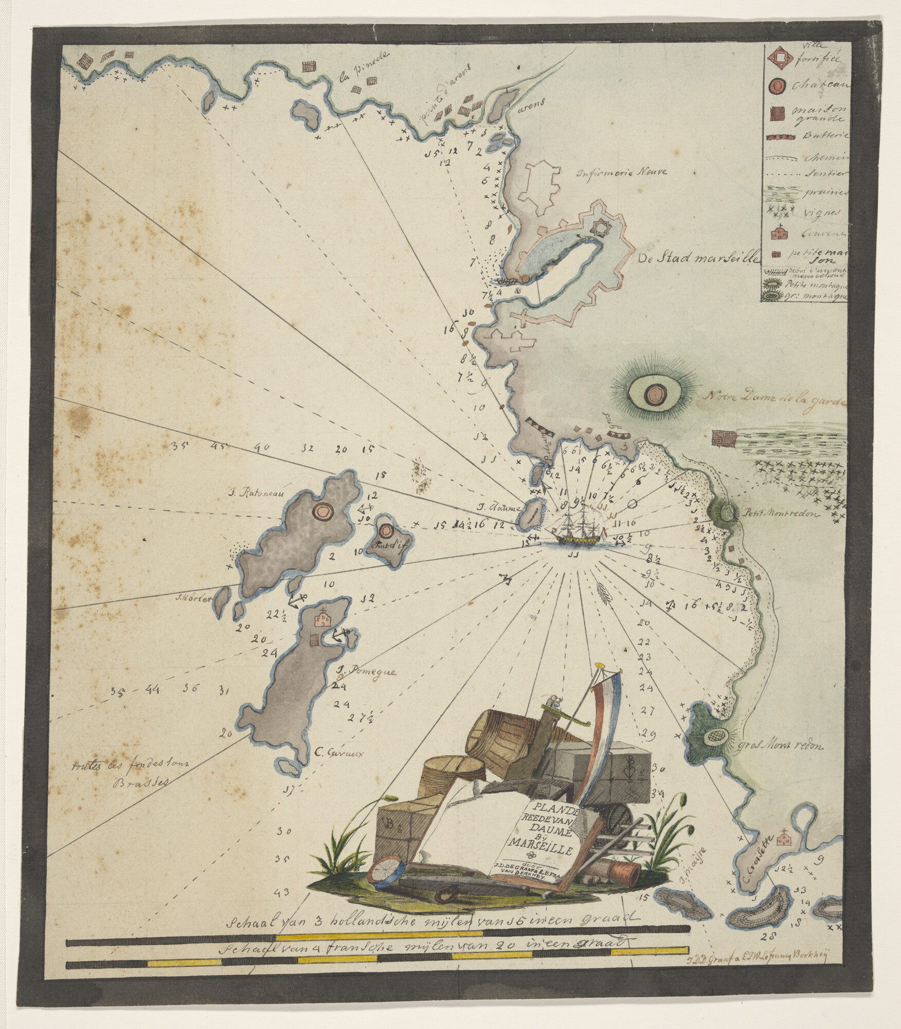 A.1744(01)e; Gekleurde kaart van de rede van Daume bij Marseille; zeekaart