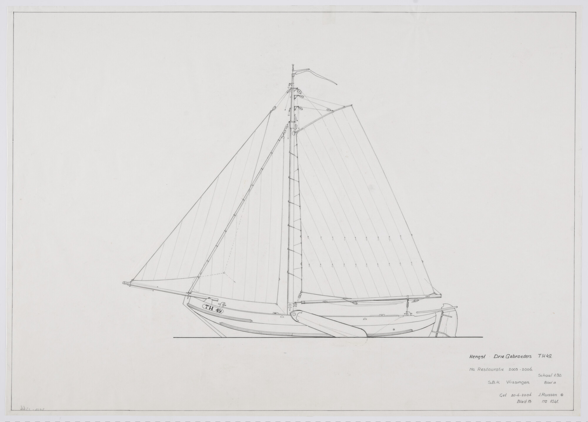 2012.1366; Tuigplan van de hengst 'De Drie Gebroeders' TH 49 van 12 meter over de stevens; technische tekening