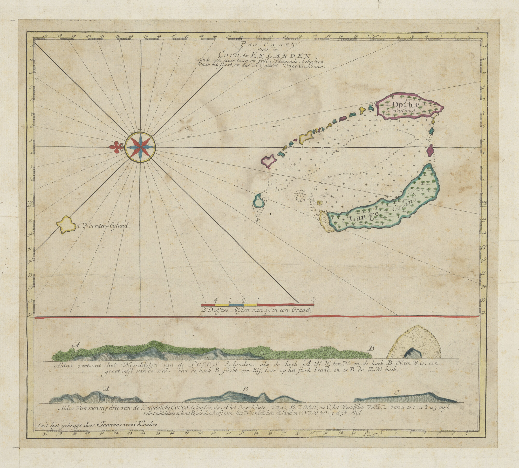 A.0145(211)151; Met de hand gekleurde kaart van de Cocos eilanden, 1755; zeekaart