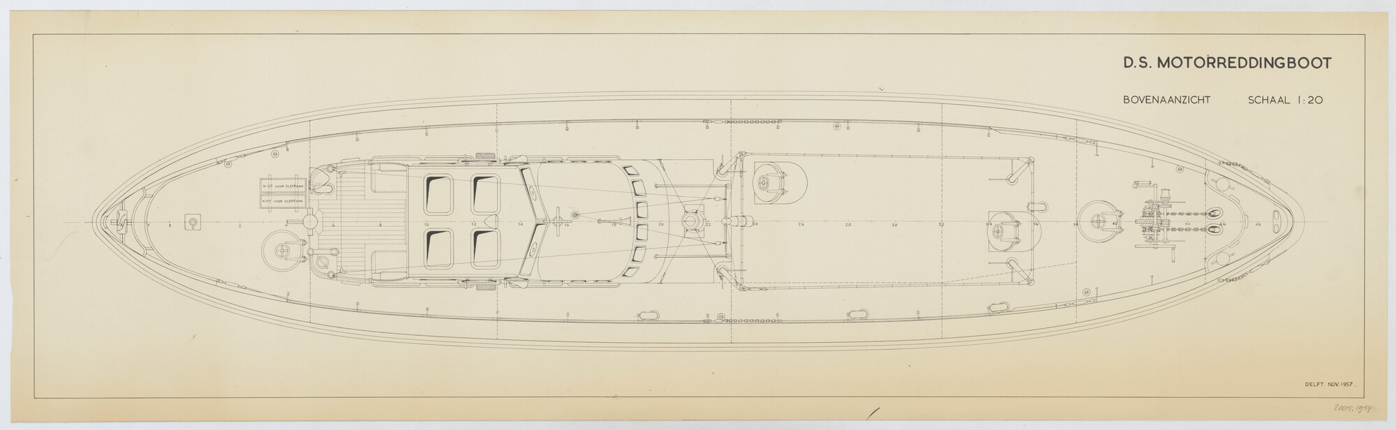 2005.1954; Bovenaanzicht van de stalen dubbelschroef zelfrichtende motorreddingboot "Carlot"; technische tekening
