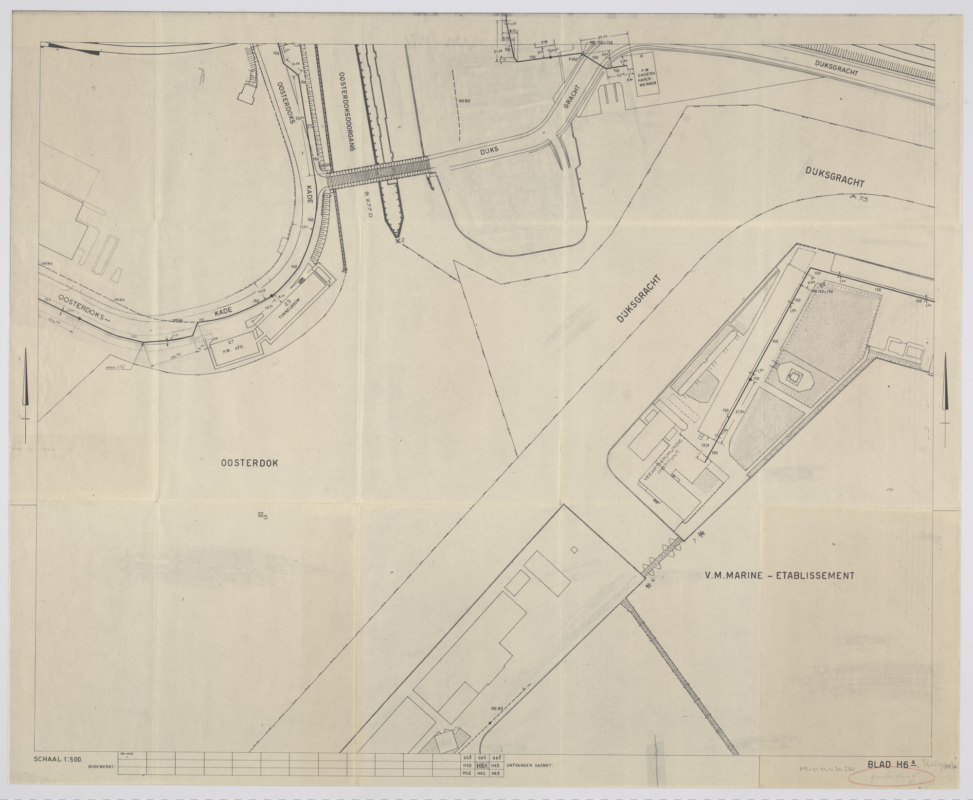 S.6789(04)a; Plattegrond met het gasnet van het Marine Etablissement te Amsterdam (1961) deel Oosterdok/Dijksgracht; technische tekening