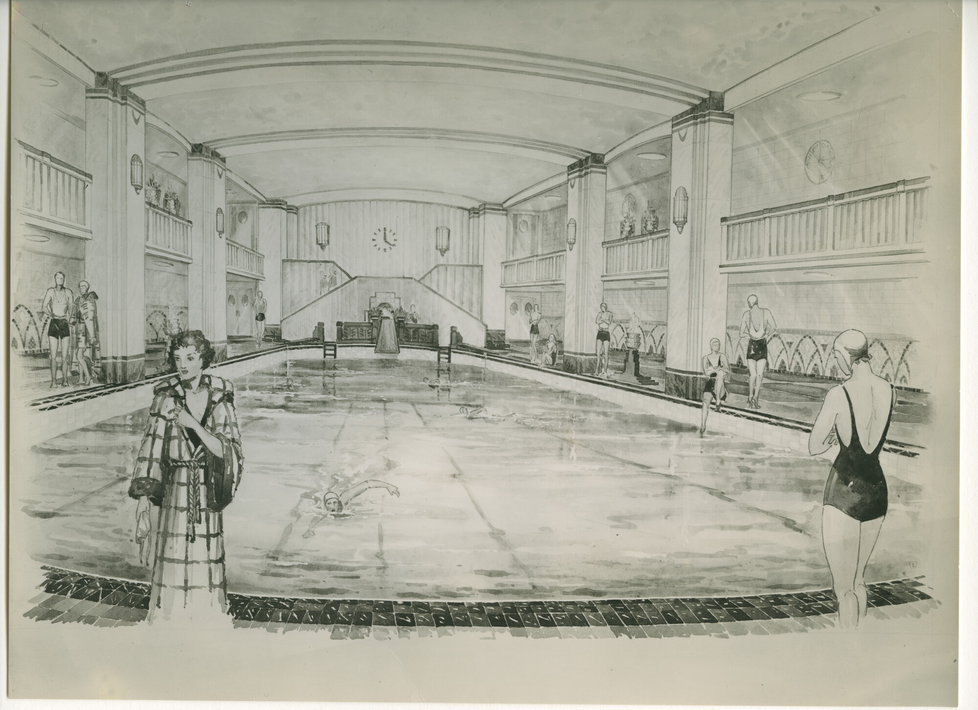 S.6507(01)3973; Artist's impression van het zwembad van RMS ss. Queen Mary; foto