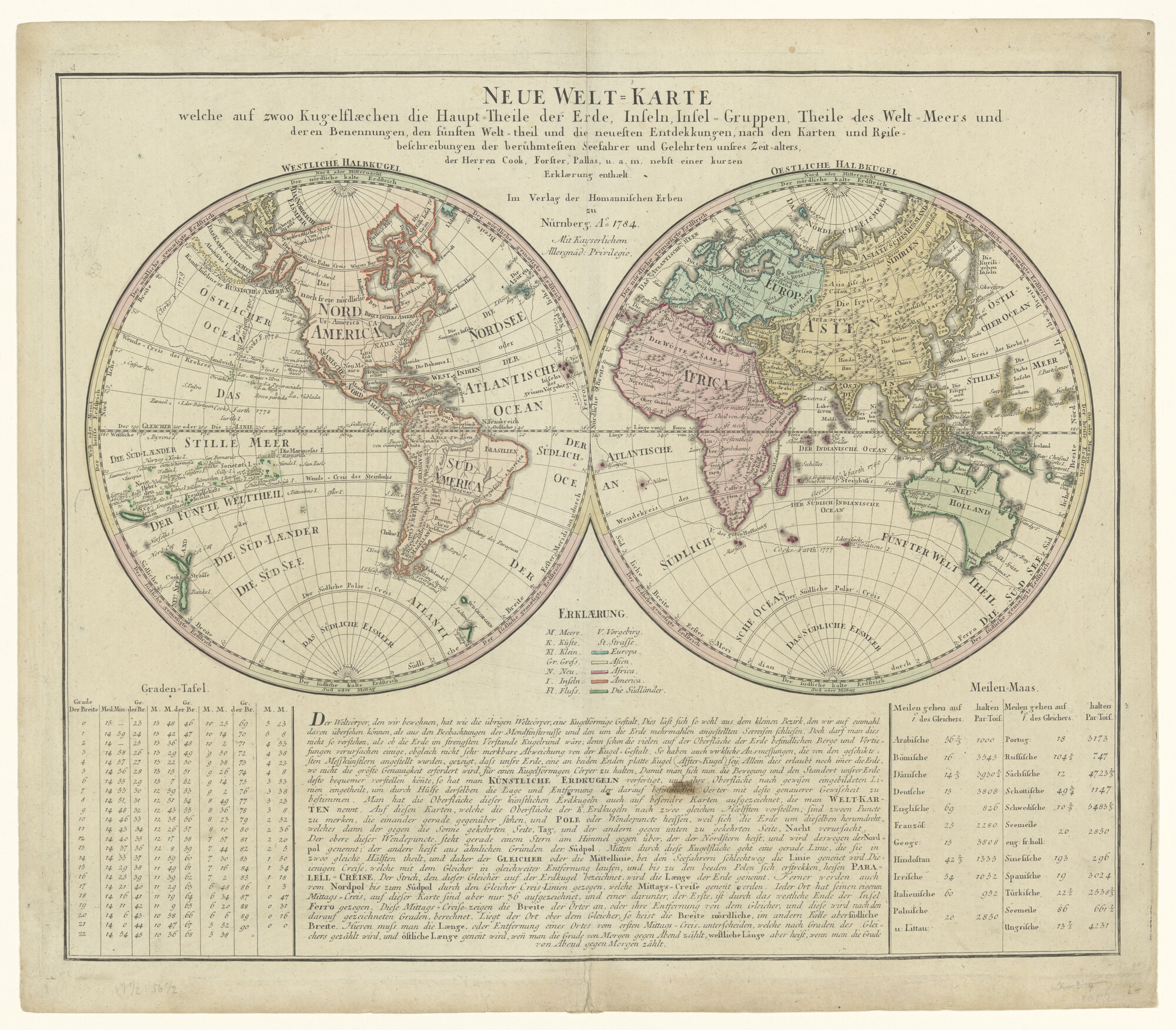 A.0145(211)175; Met de hand gekleurde wereldkaart met de ontdekkingen van James Cook, Johann George Forster (1754 - 1794), Peter Simon Pallas (1741 - 1811); wereldkaart