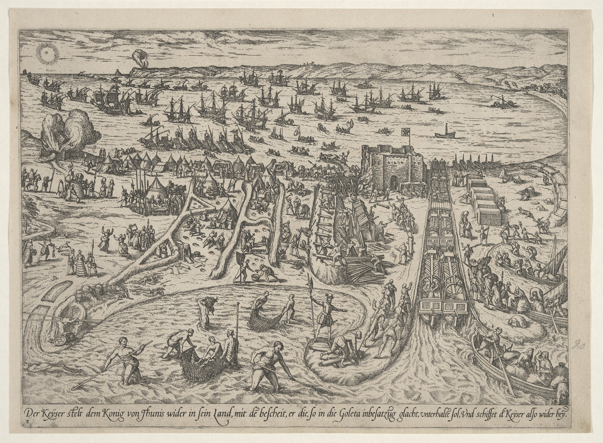 A.0145(027)009; 'Der keyser stelt dem Konig von Thunis wider in sein land': Keizer Karel V; prent