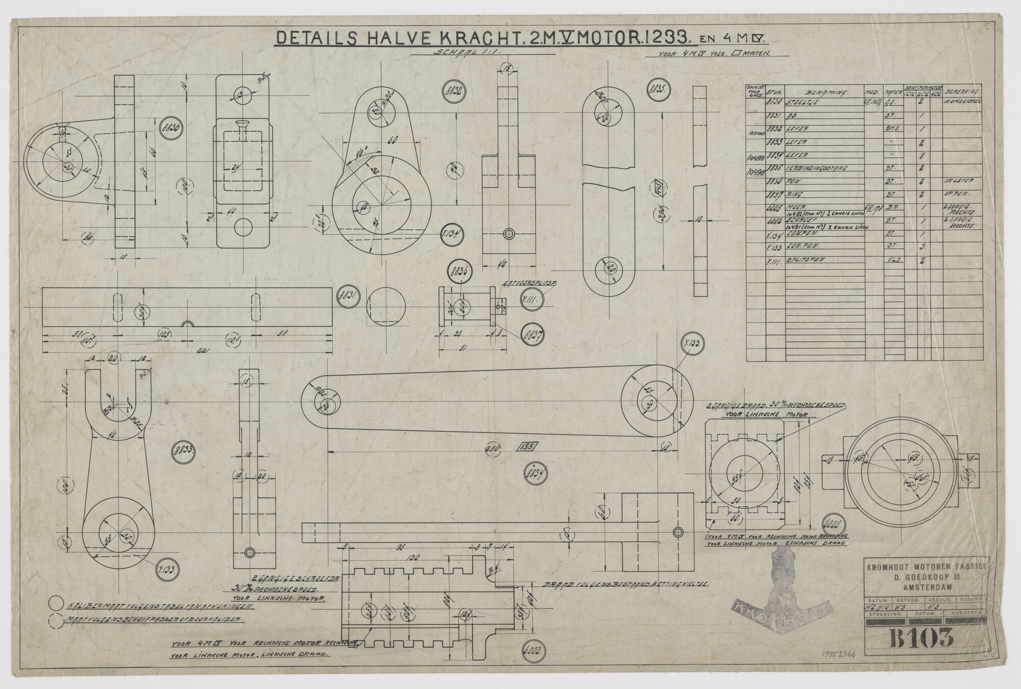 1995.2366; Details halve kracht van Kromhoutmotor 2M5 nummer 1233 en 4M4; technische tekening