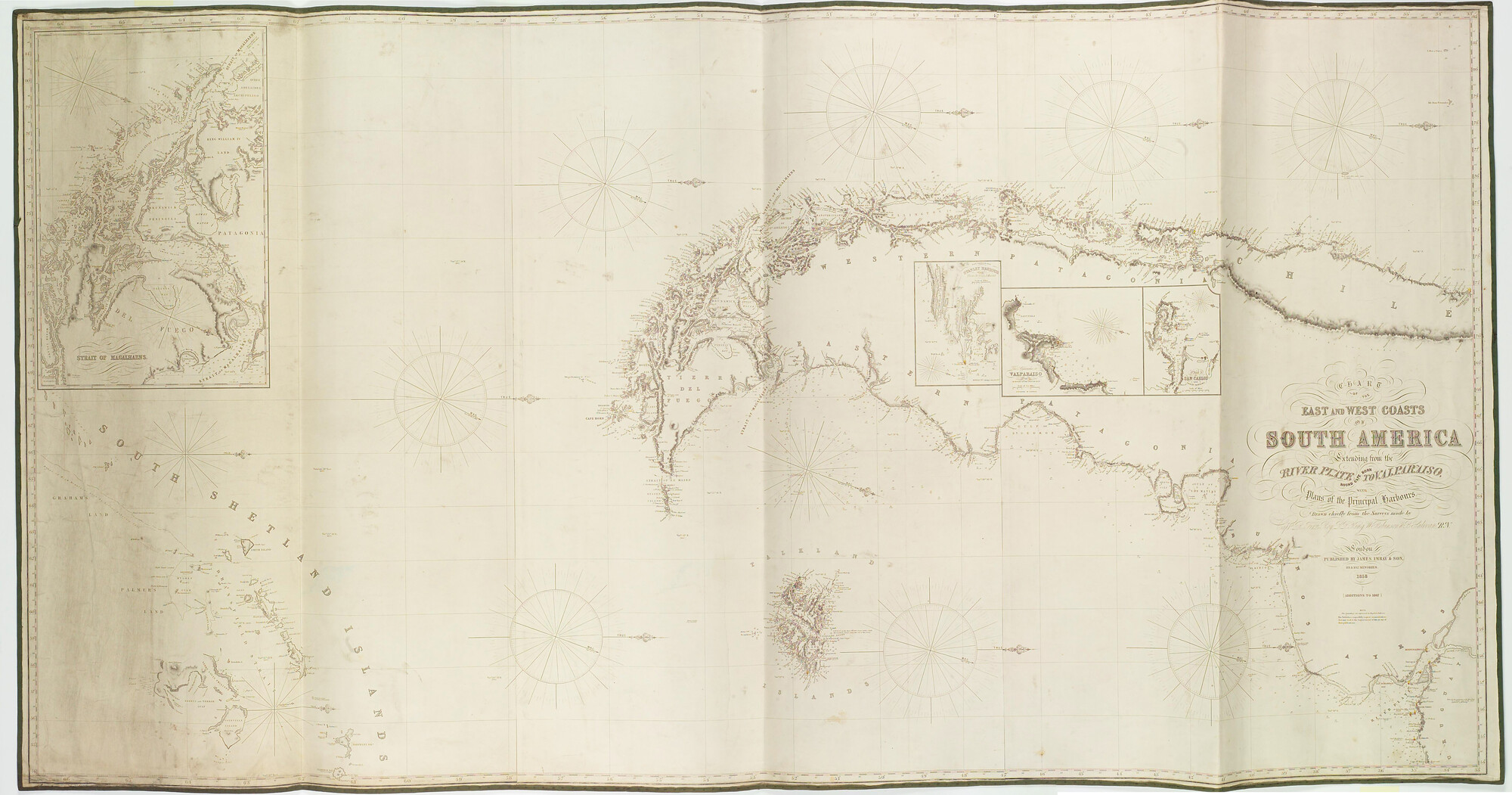 1998.2080; Kaart van de oost- en westkust van Zuid-Amerika naar opnamen van Robert FitzRoy (1805-65), Peter Parker King (1793-1856), William Robinson en B.J. Sullivan; zeekaart