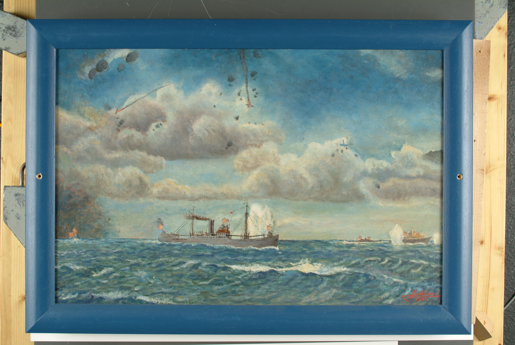 A.4655; Luchtaanval op het vrachtschip ss. Trajanus van de Koninklijke Nederlandse Stoomboot Maatschappij, december 1942; schilderij