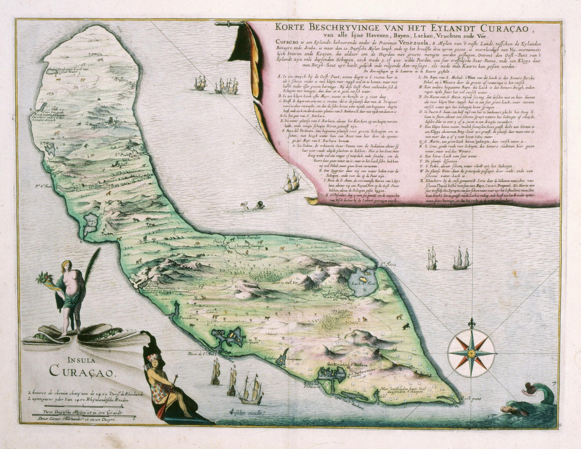 S.0521(132); Met de hand gekleurde kaart van Curaçao door Gerard van Keulen (1678 - 1724), Amsterdam, heruitgave door Laurie & Whittle, Londen, 1810; landkaart