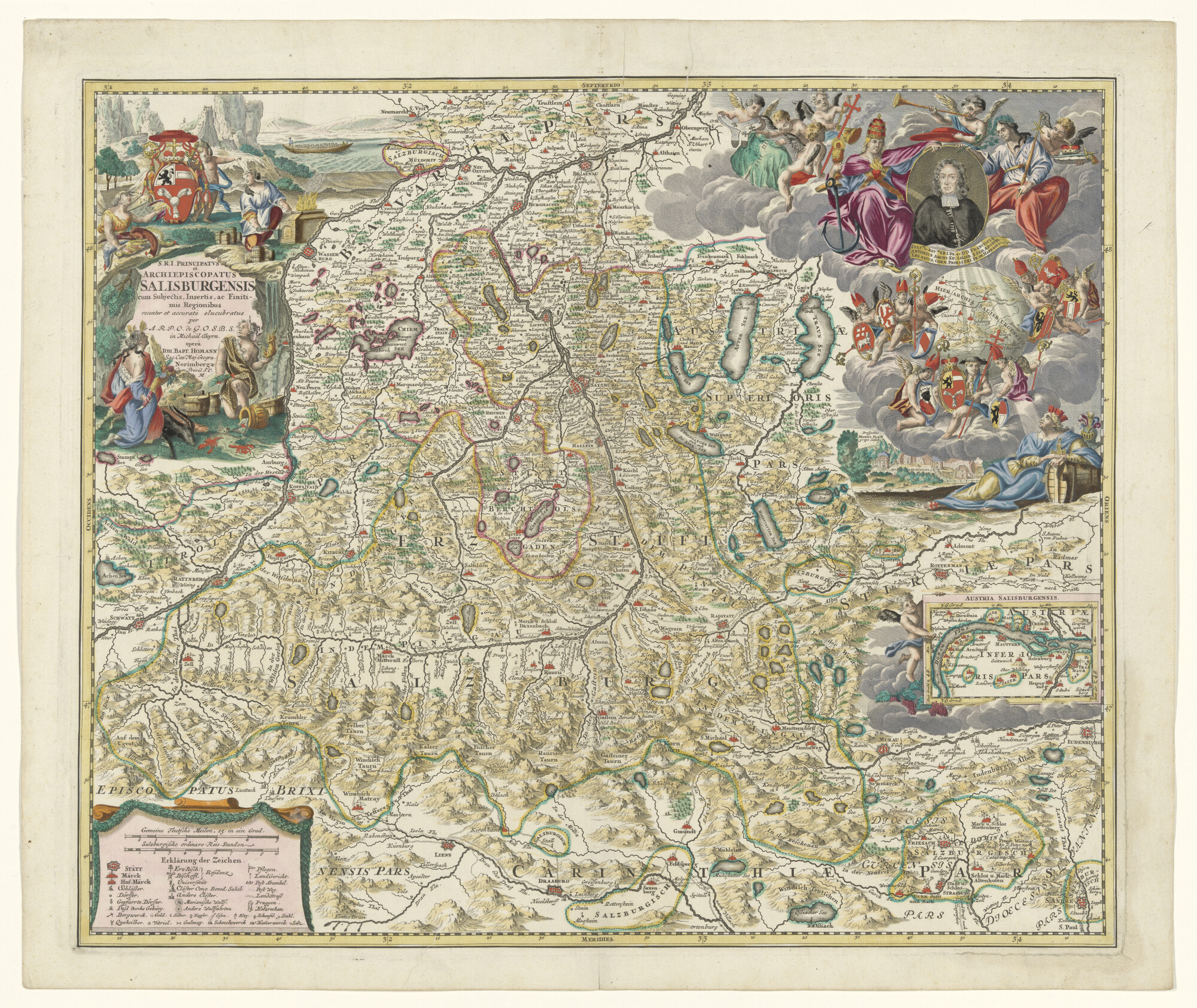 A.0145(211)099; Met de hand gekleurde kaart van het prinsdom en aarstbisdom Salzburg en omgeving, met detailkaartje; landkaart