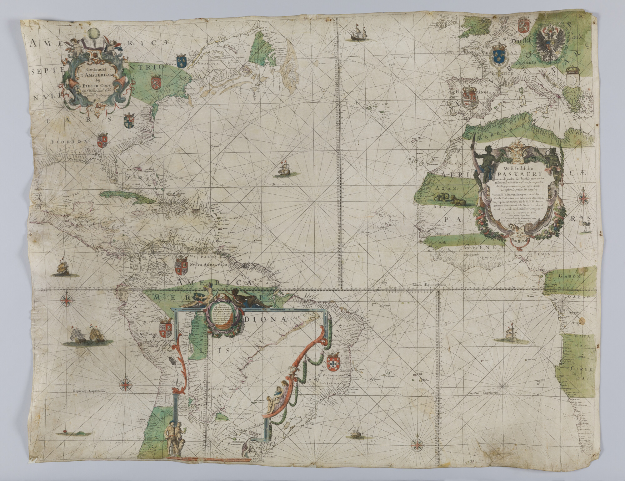 A.3192; Met de hand gekleurde, gedrukte Westindische paskaart, door Willem Jansz. Blaeu, vierde staat door Johannes Loots, circa 1700; perkamentkaart